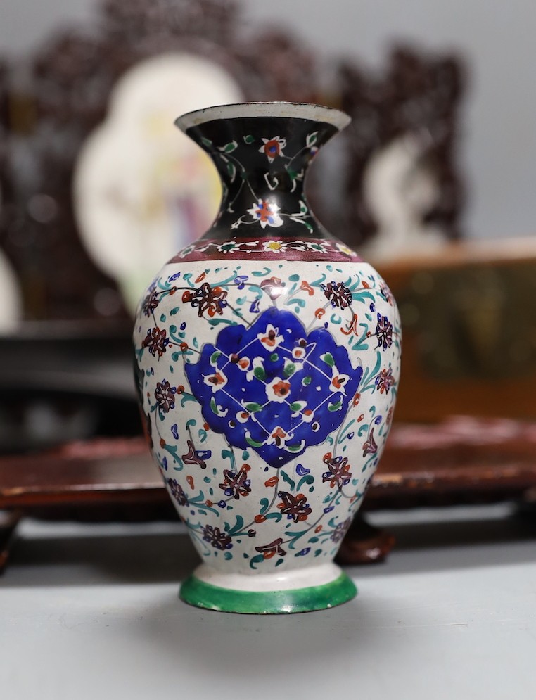 A group of Chinese wood stands, box, model chair, snuff bottle etc